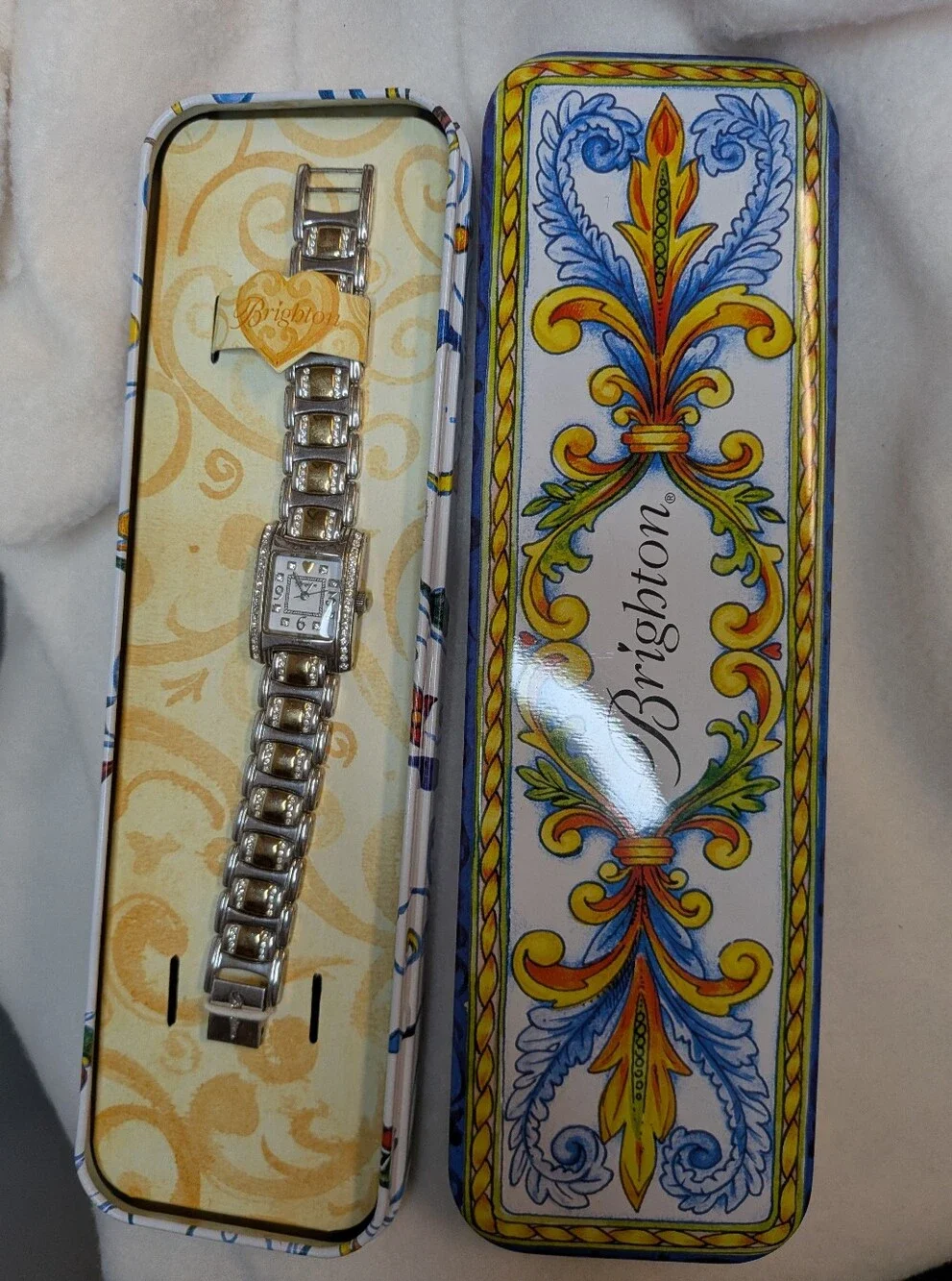 NIB Brighton Two Tone Silver Gold Crystal Rectangle Watch Link Bracelet Tin